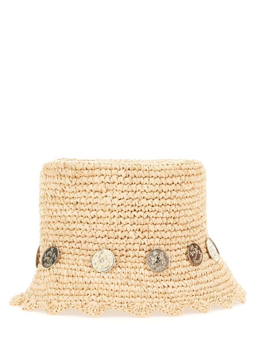 Paco Rabanne 동전 장식 라피아 버킷 모자