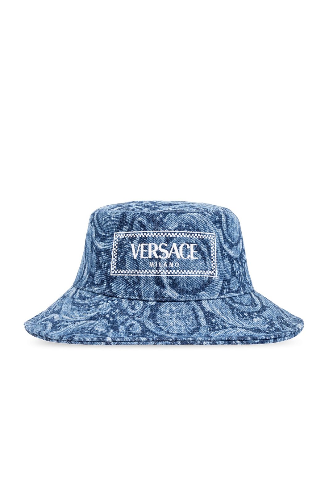 Versace 바로코 패턴 로고 자수 데님 버킷 모자